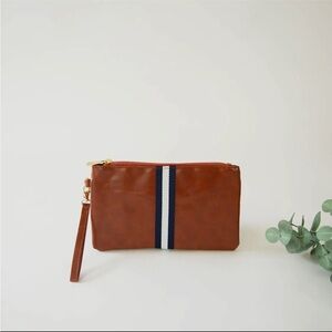 Brown Leather Clutch with Black and White Stripe Accent